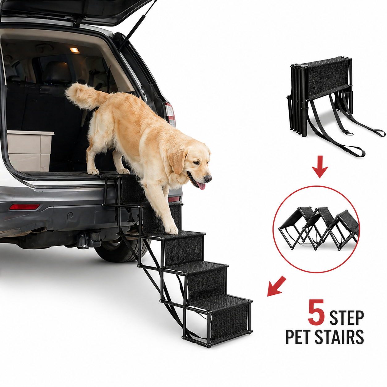 Foldable Dog Car Stairs - 5-Step Portable Pet Steps for SUV & Truck