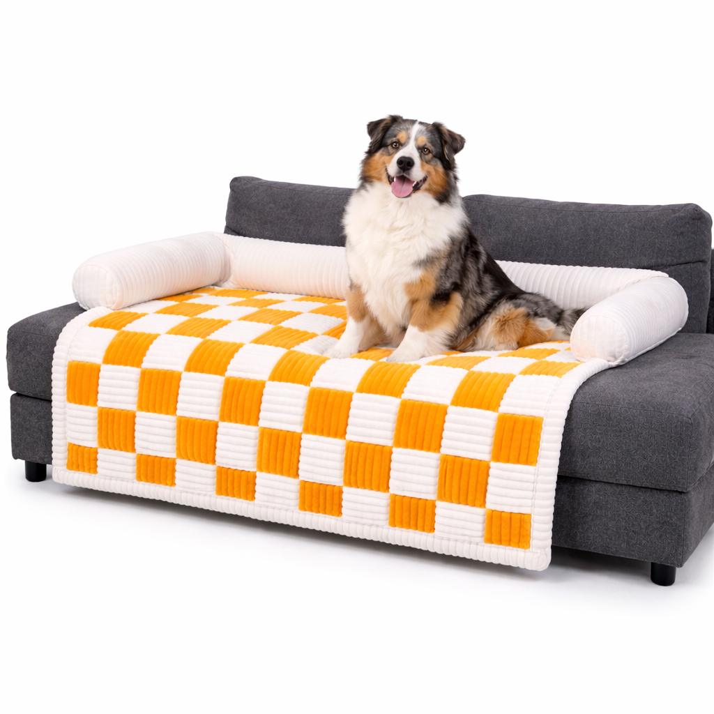 Cream Square Plaid Cozy Dog Mat Furniture Protector Cover