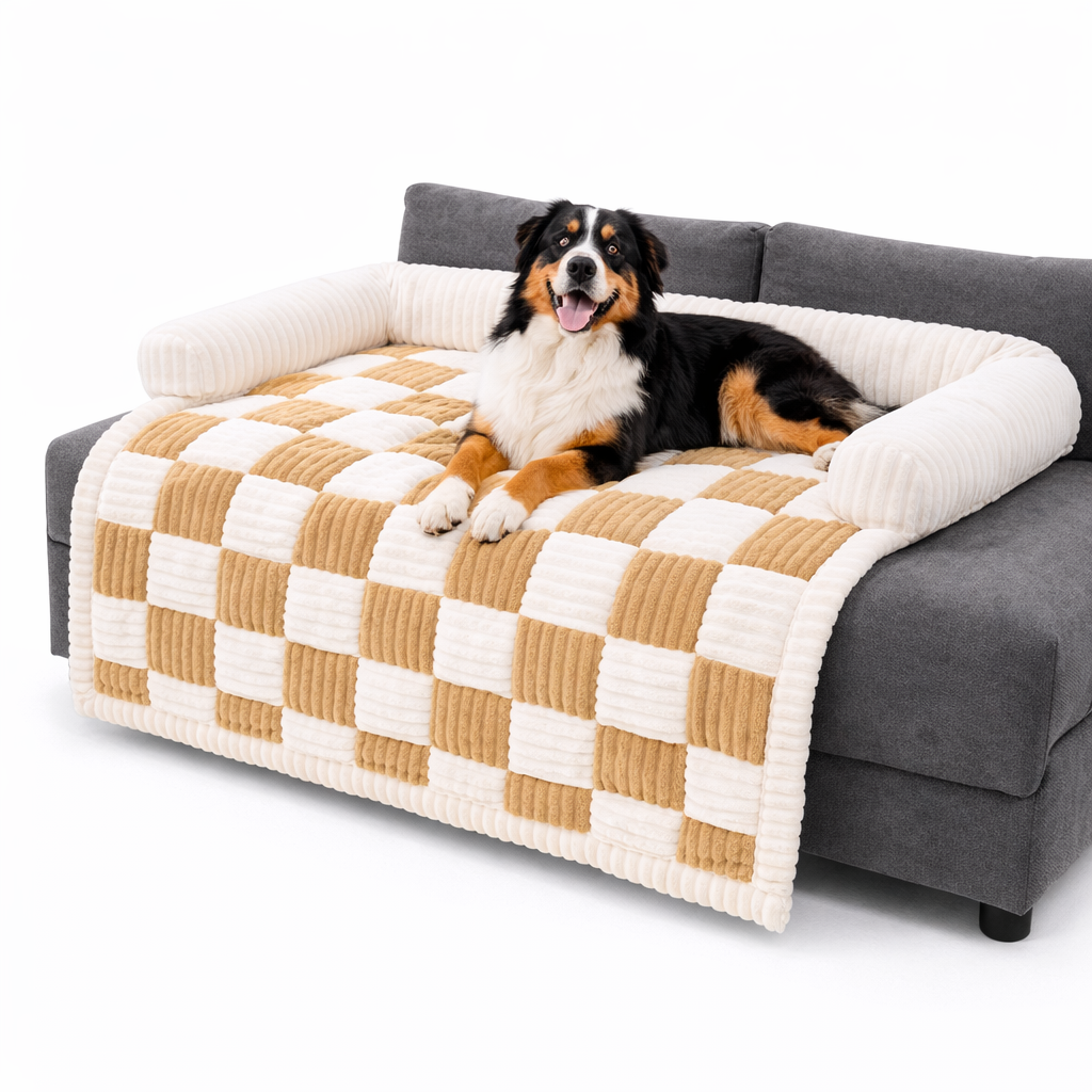 Cream Square Plaid Cozy Dog Mat Furniture Protector Cover