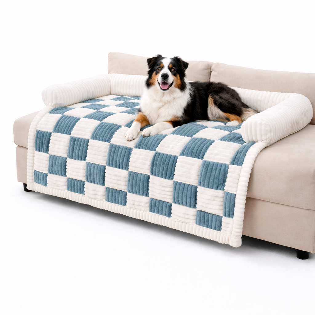 Cream Square Plaid Cozy Dog Mat Furniture Protector Cover
