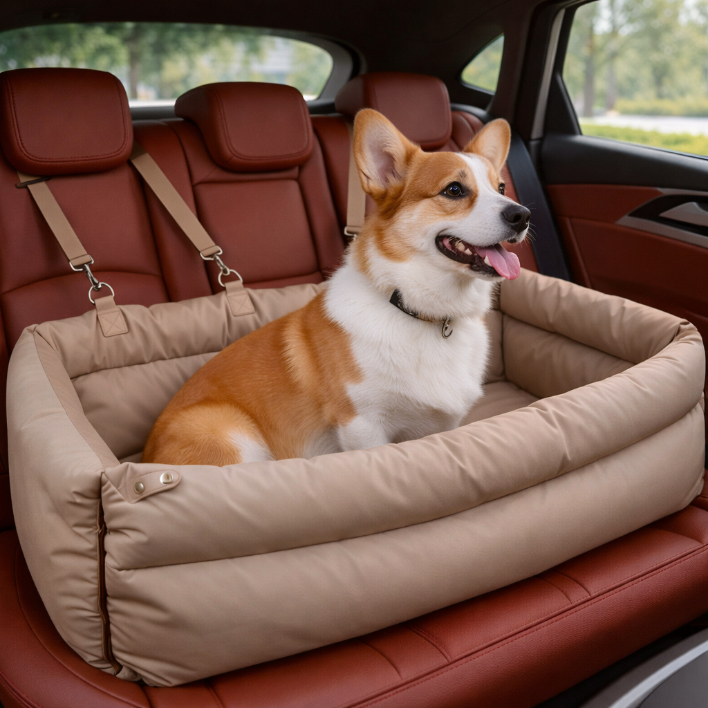 Dog Car Seat Booster Bed – Waterproof Faux Leather, Elevated Travel Seat