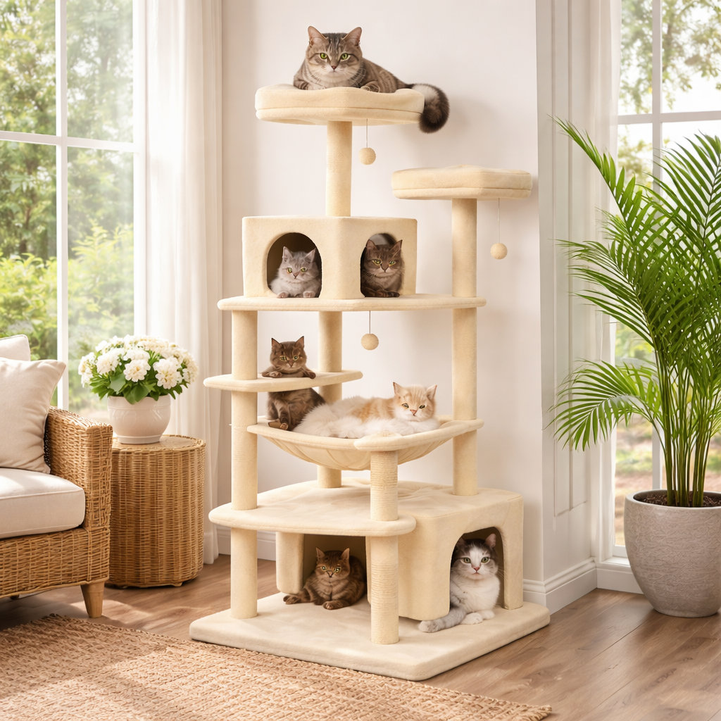 Cat Tree Tower - Multi-Level Condo with Sisal Scratching Posts & Hammock