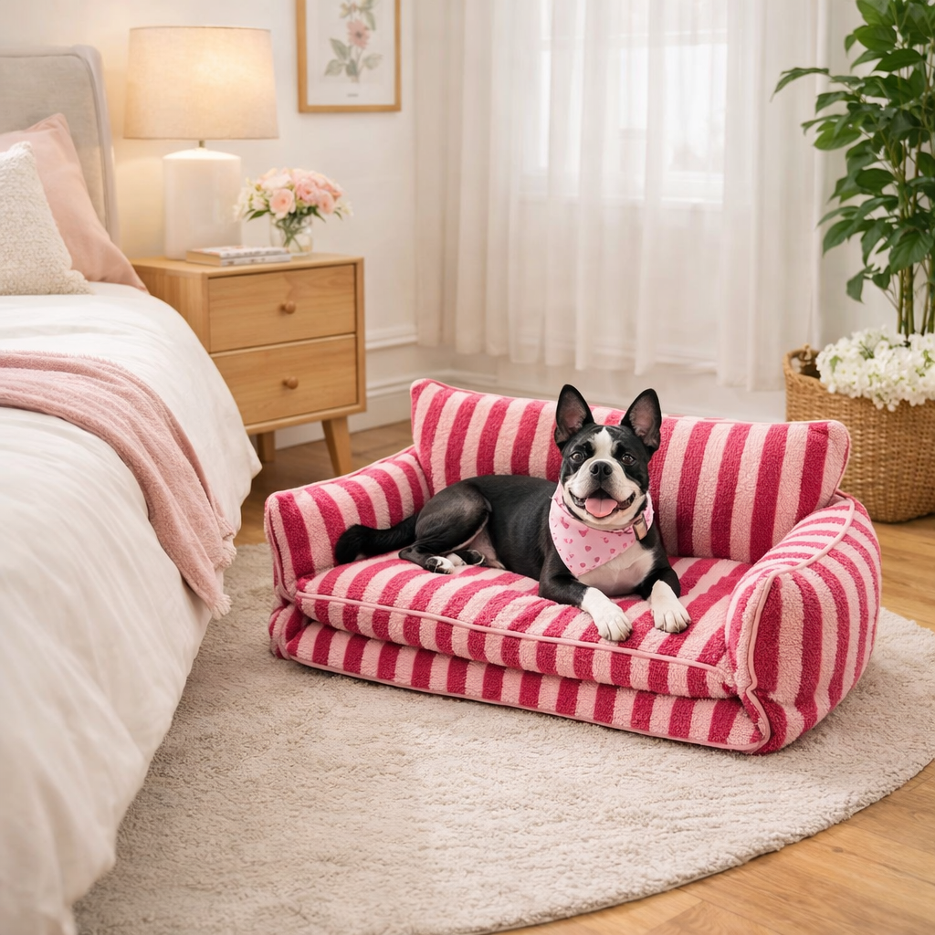 Calming Dog Sofa Bed – Soft Faux Fleece Pet Couch with Supportive Bolster