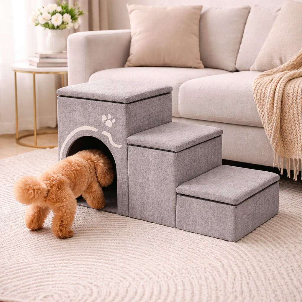 Foldable Dog Stairs with Storage & Condo - Space Saving Pet Steps for Bed & Couch