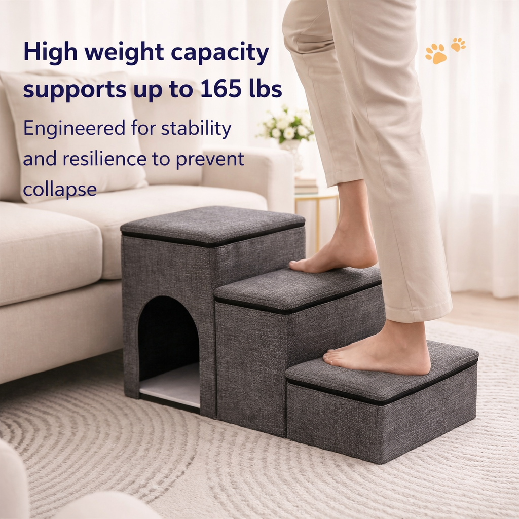 Foldable Dog Stairs with Storage & Condo - Space Saving Pet Steps for Bed & Couch