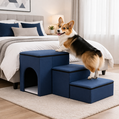 Foldable Dog Stairs with Storage & Condo - Space Saving Pet Steps for Bed & Couch