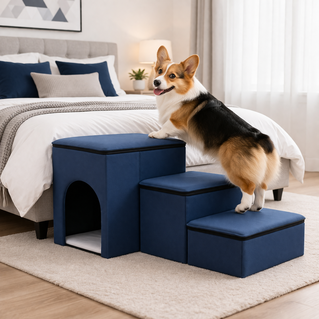 Foldable Dog Stairs with Storage & Condo - Space Saving Pet Steps for Bed & Couch