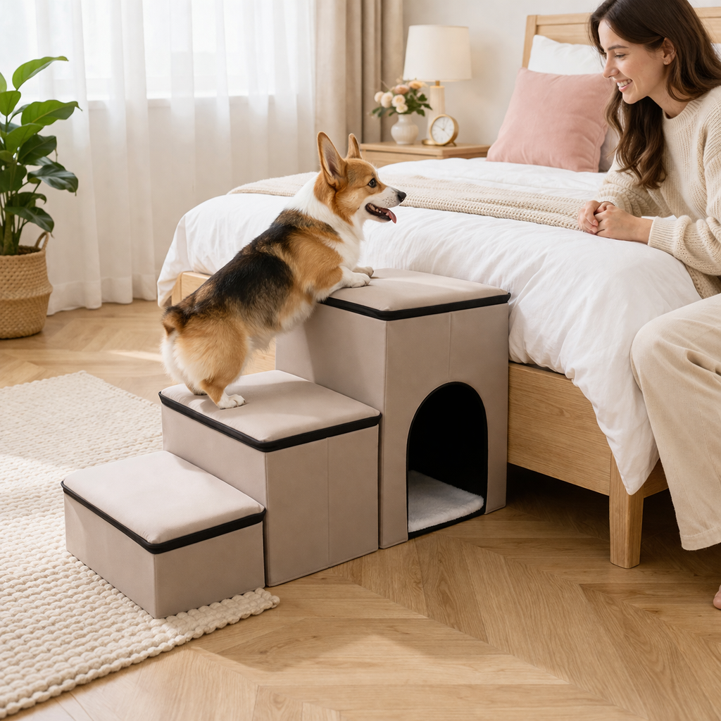 Foldable Dog Stairs with Storage & Condo - Space Saving Pet Steps for Bed & Couch