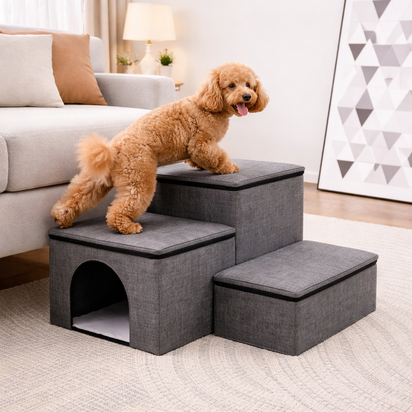 Foldable Dog Stairs with Storage & Condo - Space Saving Pet Steps for Bed & Couch