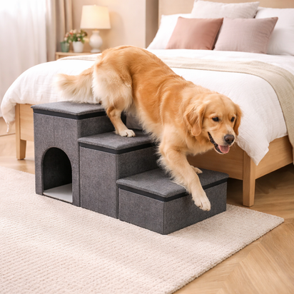 Foldable Dog Stairs with Storage & Condo - Space Saving Pet Steps for Bed & Couch
