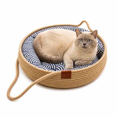 Round Woven Rattan Cat Bed Basket with Cushion