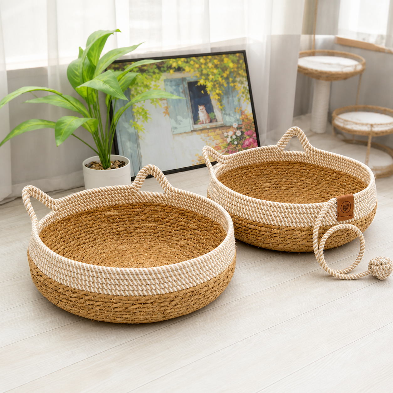 Round Woven Rattan Cat Bed Basket with Cushion