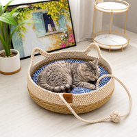 Round Woven Rattan Cat Bed Basket with Cushion