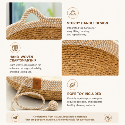 Round Woven Rattan Cat Bed Basket with Cushion