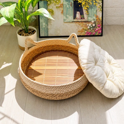 Round Woven Rattan Cat Bed Basket with Cushion