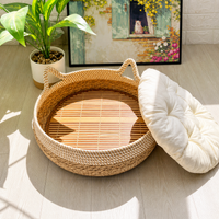 Round Woven Rattan Cat Bed Basket with Cushion