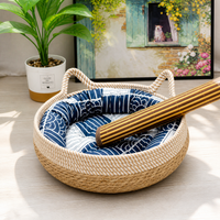 Round Woven Rattan Cat Bed Basket with Cushion