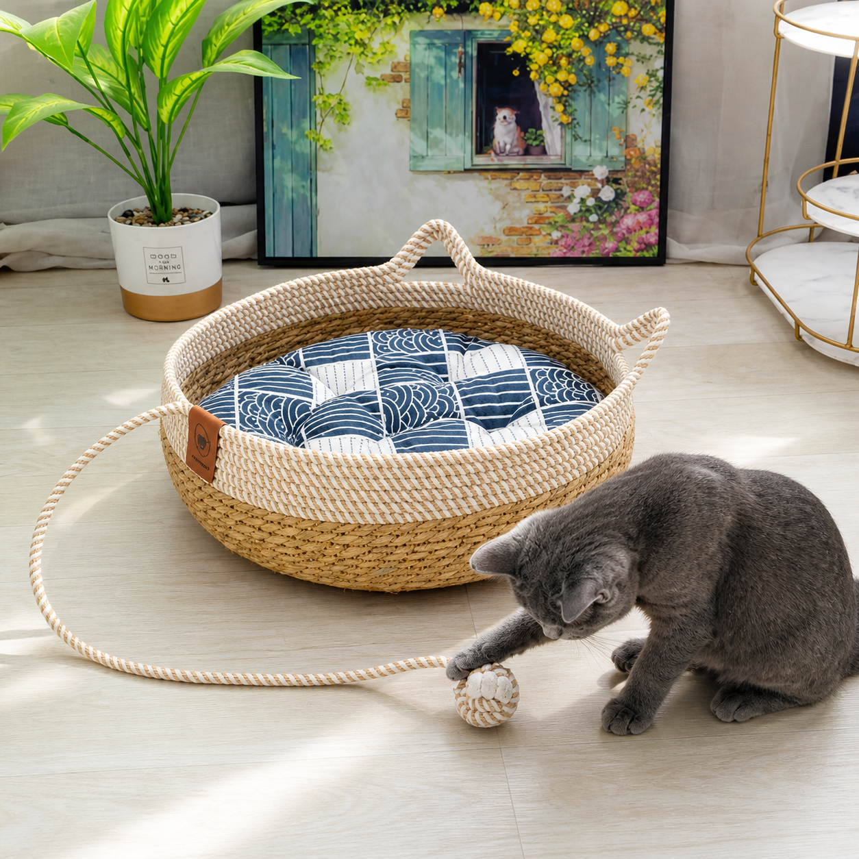 Round Woven Rattan Cat Bed Basket with Cushion