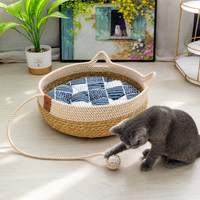 Round Woven Rattan Cat Bed Basket with Cushion