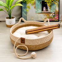 Round Woven Rattan Cat Bed Basket with Cushion
