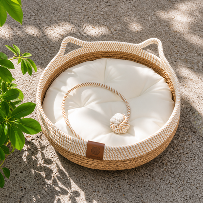 Round Woven Rattan Cat Bed Basket with Cushion