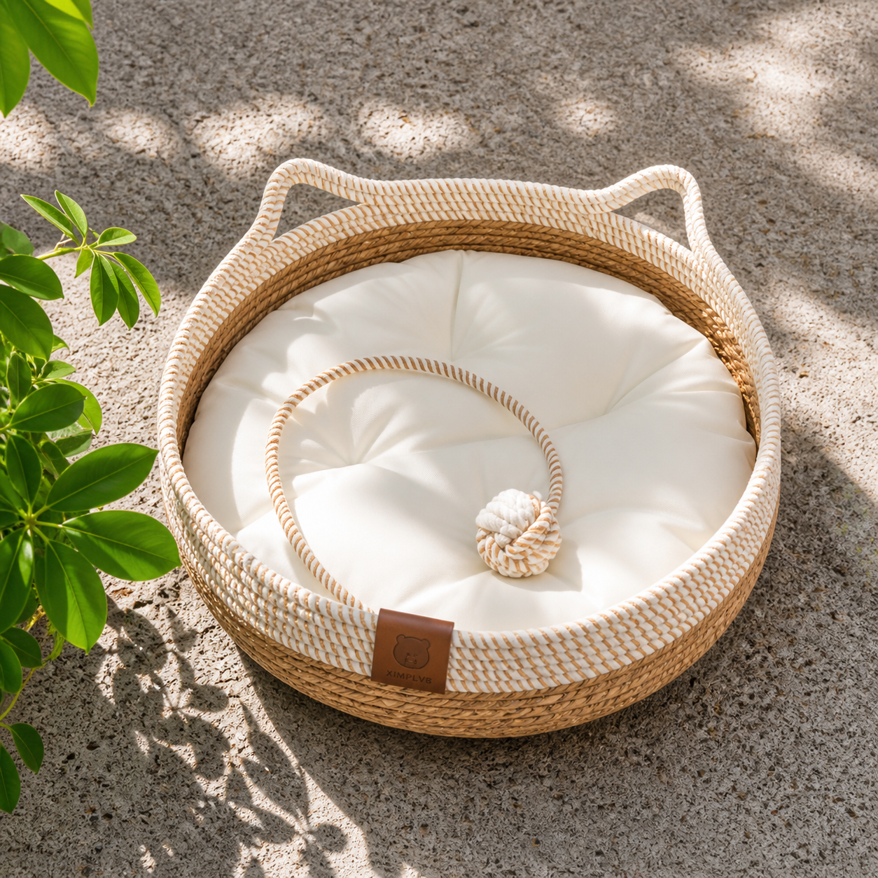 Round Woven Rattan Cat Bed Basket with Cushion