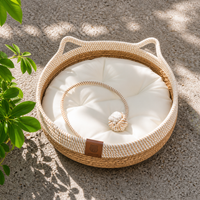 Round Woven Rattan Cat Bed Basket with Cushion