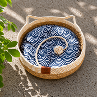 Round Woven Rattan Cat Bed Basket with Cushion