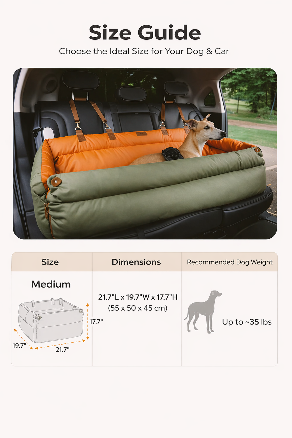 Dog Car Seat Booster Bed – Waterproof Faux Leather, Elevated Travel Seat — Size guide