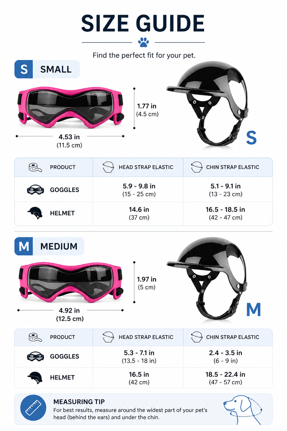 TFL Dog Helmet and Dog Goggles — Size guide