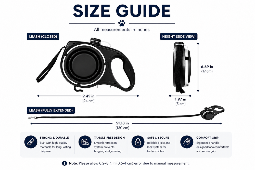 Retractable Dog Leash with Water Bottle & Waste Bag Dispenser — Size guide