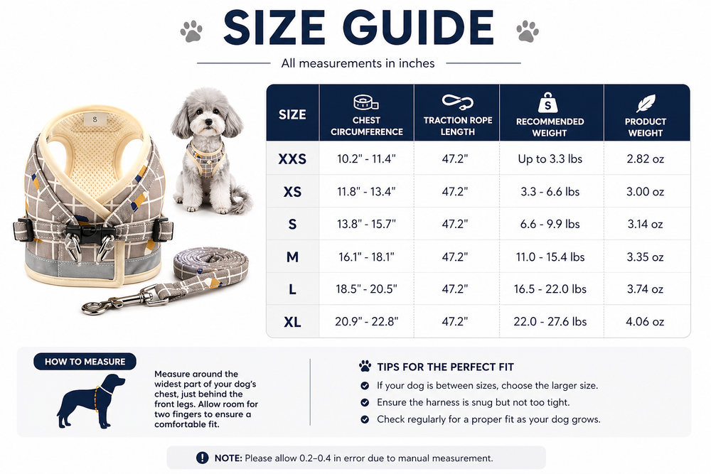 Plaid Reflective Dog Harness & Leash Set — Size guide