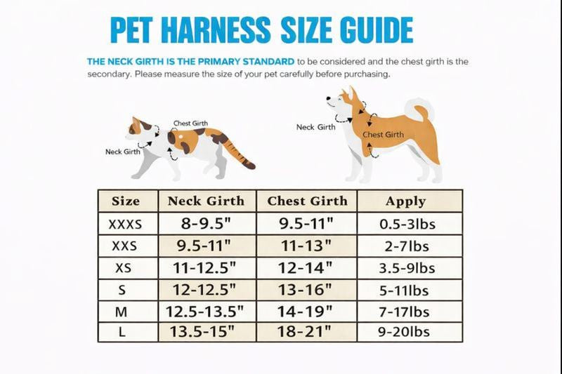 Cat Reflective Harness and Leash Set — Size guide