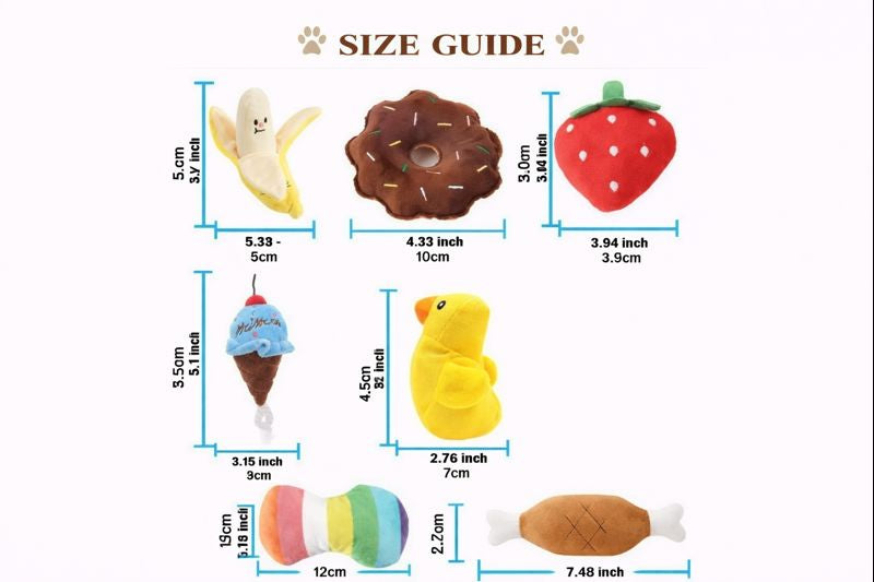Dog Plush Toy Set (7 Pack) – Squeaky Chew Toys for Puppies & Small Dogs — Size guide