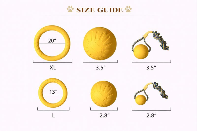 Dog Toy Bundle 4-Pack – Tough EVA Flying Disc, Ball & Tug Rope — Size guide