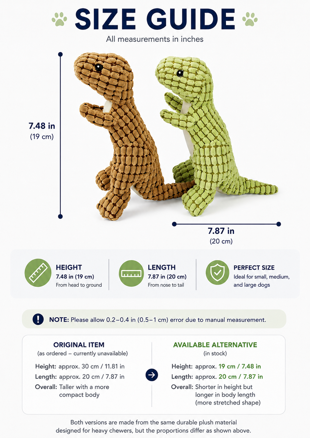 Indestructible Plush Dog Toy for Aggressive Chewers — Size guide
