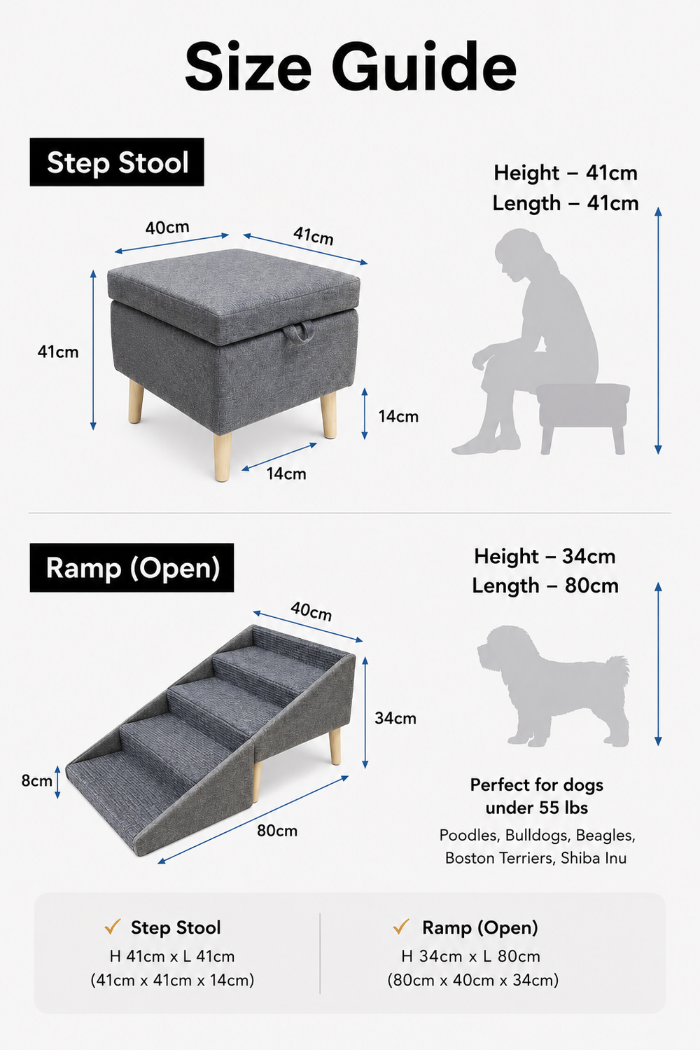 2-in-1 Dog Ramp & Stairs - Foldable Wooden Pet Steps for Couch & Bed — Size guide