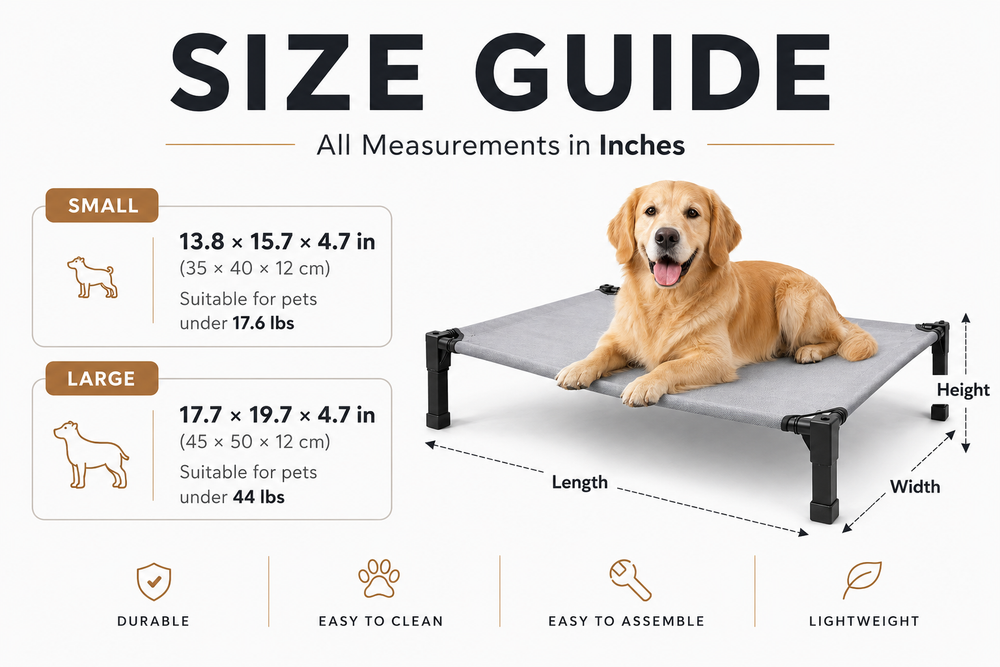 Premium Elevated Cooling Dog Bed – Breathable Raised Mesh Pet Cot — Size guide