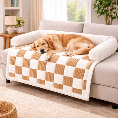 Cream Square Plaid Cozy Dog Mat Furniture Protector Cover