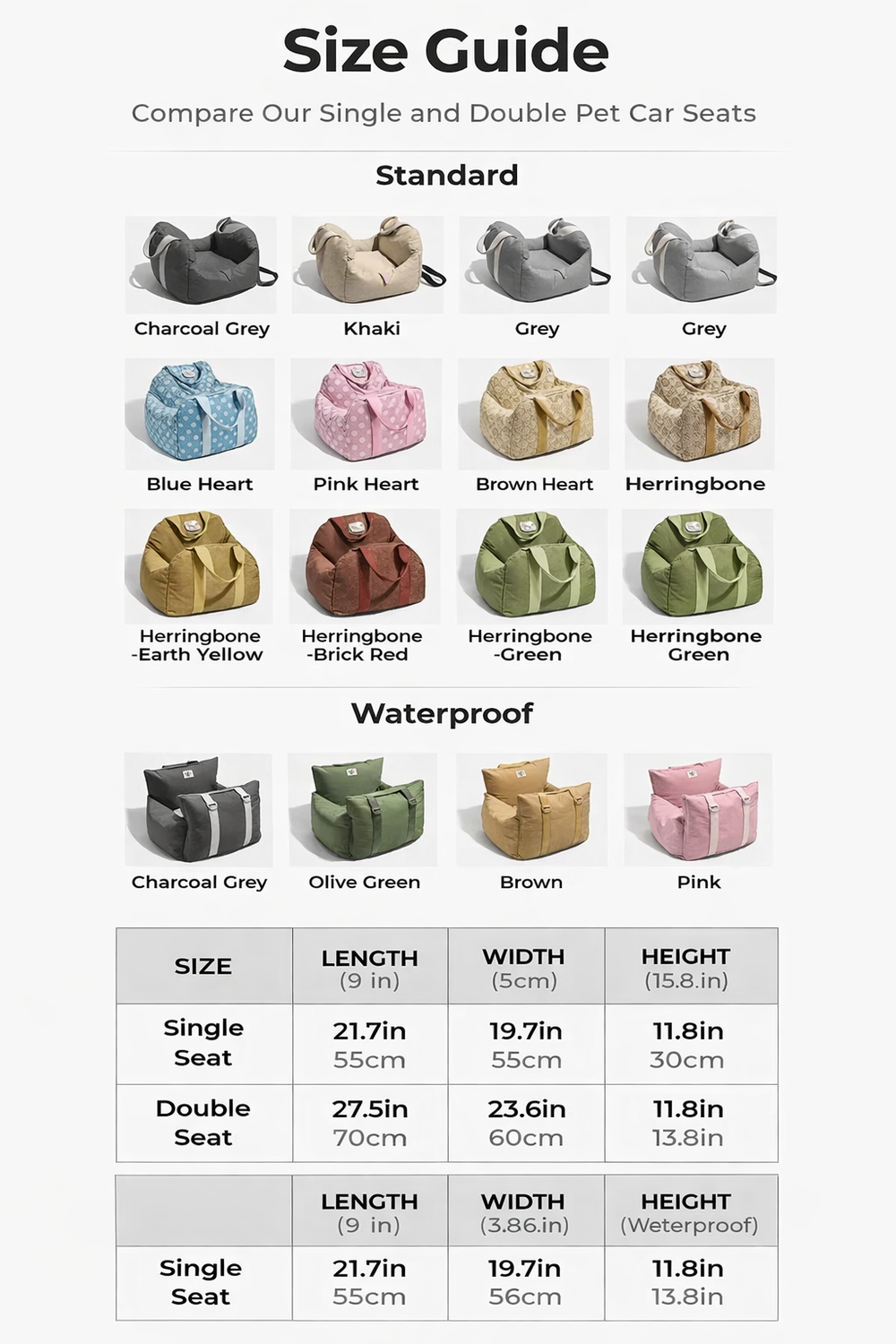 Waterproof Dog Car Seat Bed — Size guide