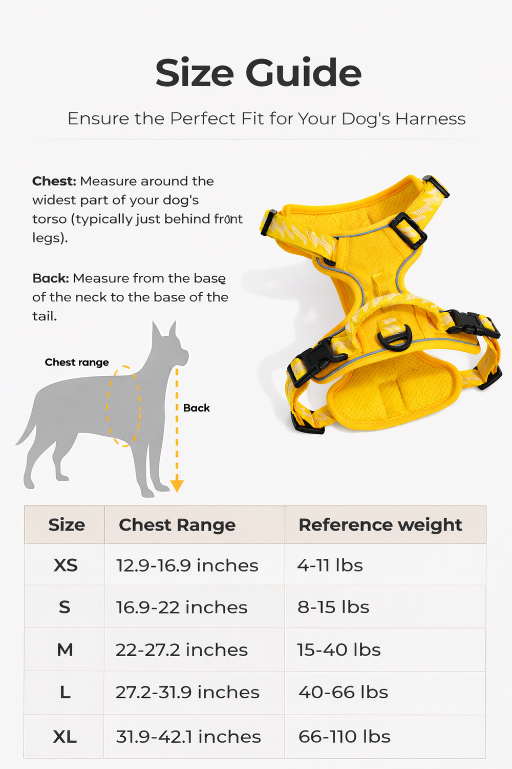 Reflective Adjustable Outdoor Dog Harness — Size guide