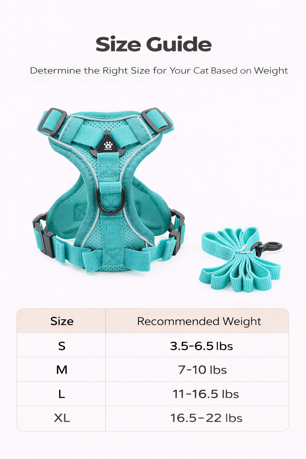 Reflective Cat Harness & Leash Set – Breathable Mesh, Adjustable Comfort Fit — Size guide