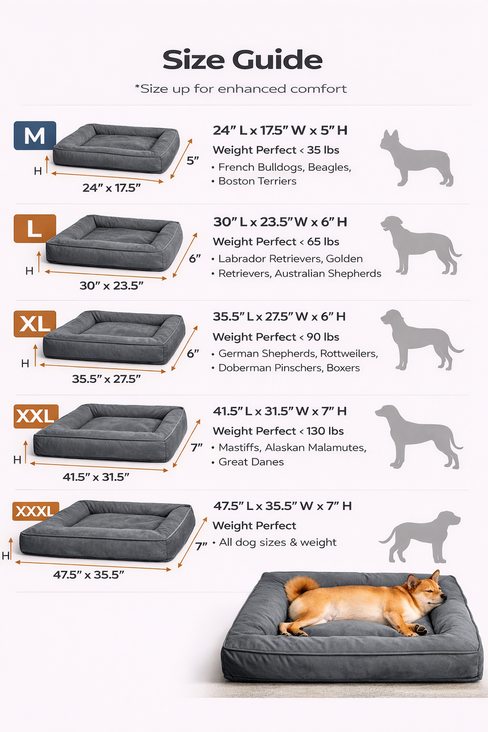 Orthopedic Dog Bed with Bolster - Waterproof Memory Foam Bed for Large Dogs — Size guide