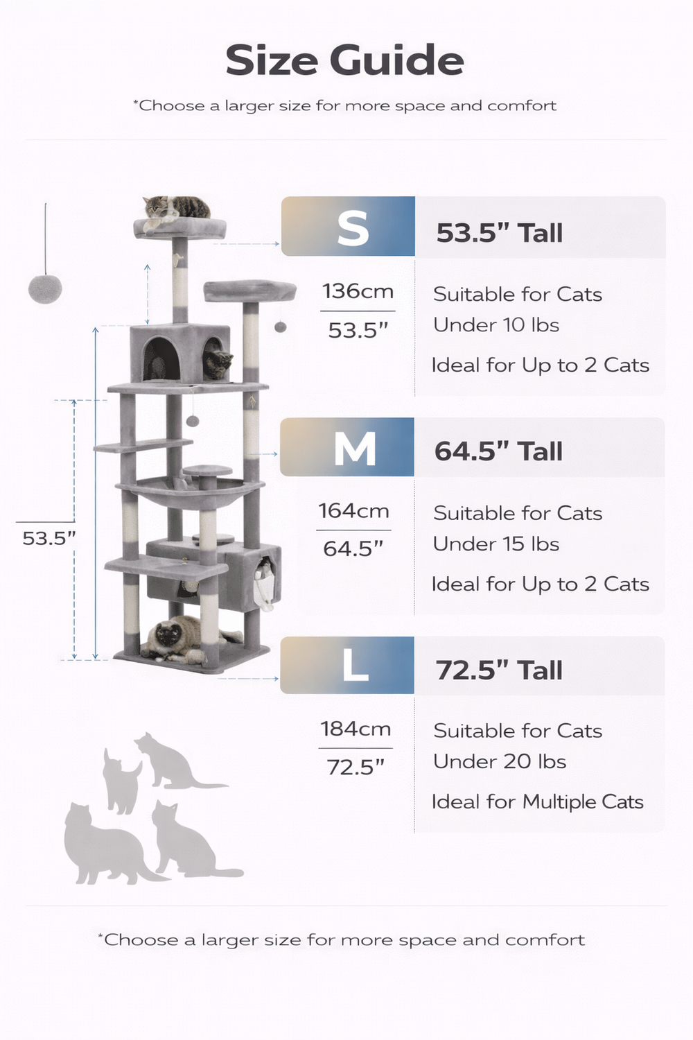 Cat Tree Tower - Multi-Level Condo with Sisal Scratching Posts & Hammock — Size guide