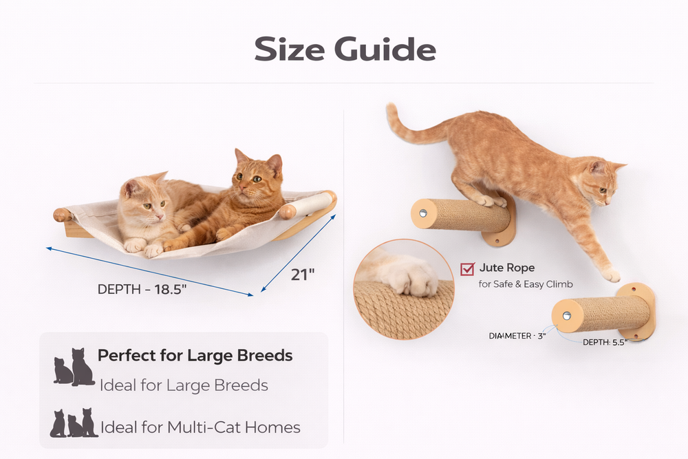 Wall-Mounted Cat Shelves & Steps -  Modern Cat Climbing Wall Set for Play, Rest & Lounge — Size guide