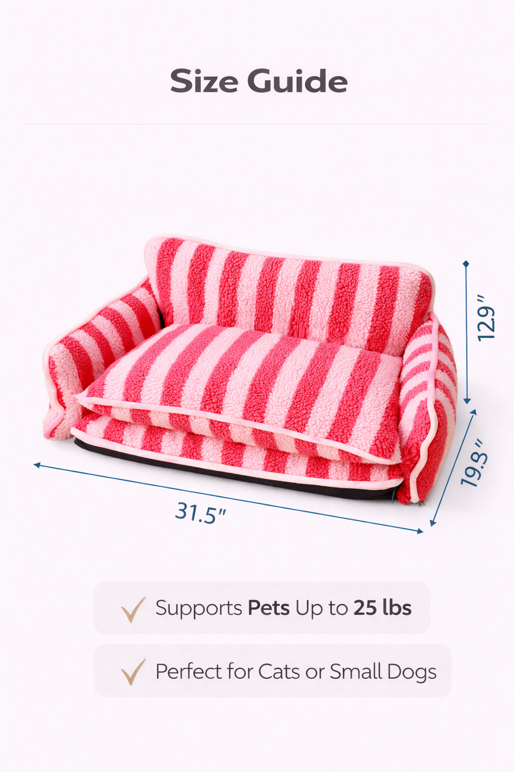 Calming Dog Sofa Bed – Soft Faux Fleece Pet Couch with Supportive Bolster — Size guide