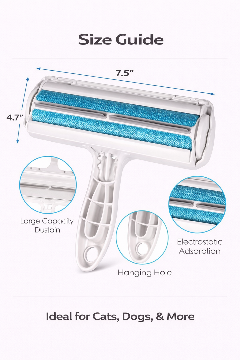 Pet Hair Remover Roller - Reusable Fur Remover for Dog & Cat Hair with Self-Cleaning Base — Size guide