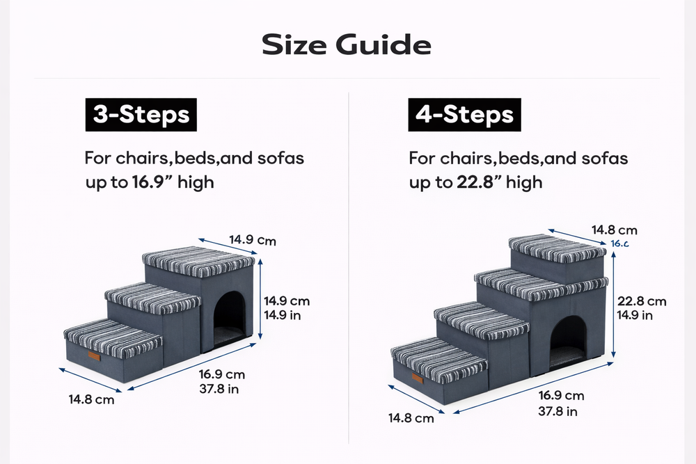 Foldable Dog Stairs with Storage & Condo - Space Saving Pet Steps for Bed & Couch — Size guide