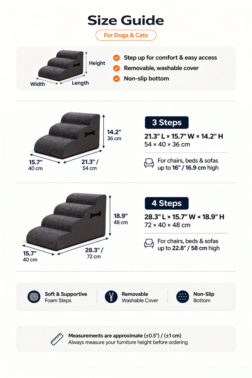 Orthopedic Dog Stairs -  Soft Non-Slip Pet Steps with Gentle Ramp — Size guide
