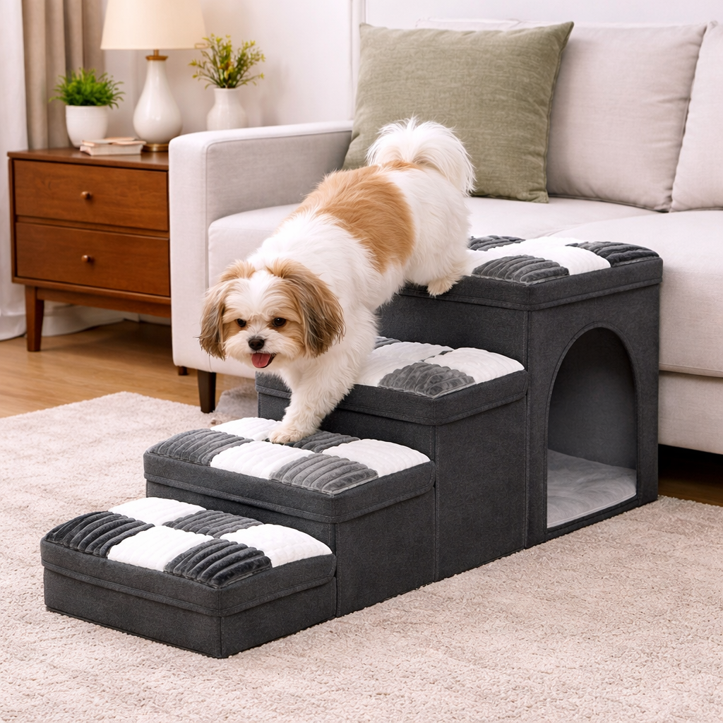 Checkered Designer Pet Steps with Condo & Storage